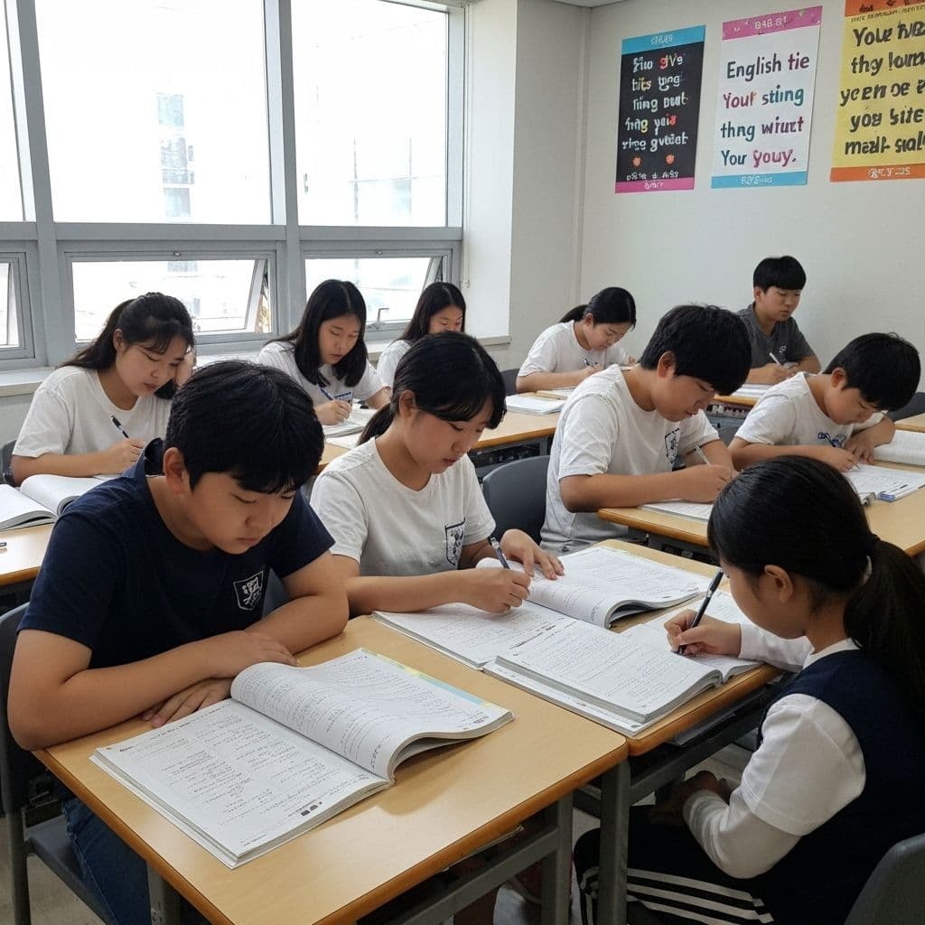 한국 학생들이 Qgen AI 플랫폼을 사용하여 영어 독해 문제를 풀고 있는 현대적인 교실 환경. 학생들은 노트북과 교재를 활용하여 협력 학습 중이며, 화면에는 AI가 생성한 문법 문제와 실시간 피드백이 표시되어 있습니다.