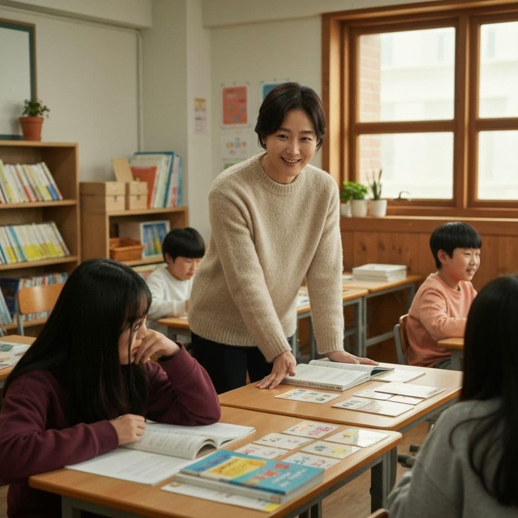 한국 교사가 학생들에게 Qgen AI 플랫폼을 활용하여 영어 문법을 가르치는 모습. 교사는 태블릿으로 AI가 생성한 맞춤형 문제를 보여주고 있으며, 학생들은 적극적으로 참여하며 학습 중입니다. 현대적인 교실 환경에서 디지털 교육 도구가 효과적으로 활용되고 있습니다.