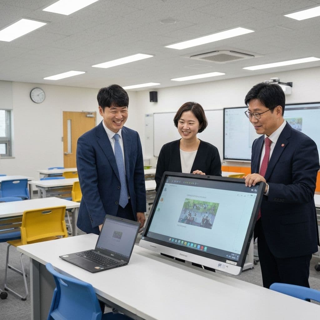 현대적인 교실에서 협업하는 한국 교육자들. 여러 교사가 Qgen AI 플랫폼을 함께 검토하며 최적의 문제 생성 전략을 논의하고 있습니다. 노트북과 태블릿을 활용하여 생성된 문제의 품질을 평가하고 수업 계획을 수립하는 모습